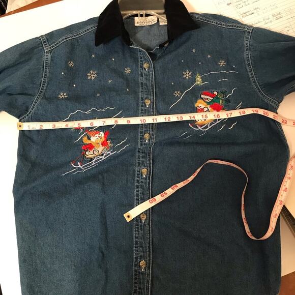 Holiday Denim Shirt Embroidered Snowman Y2K - Picture 7 of 9